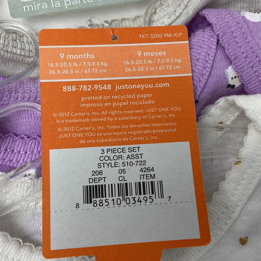 NWT Three (3) long-sleeve bodysuits Just One You by Carter’s nine months